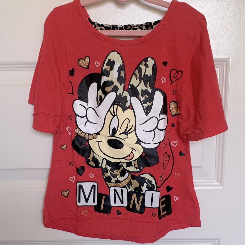 Disney Coral Minnie Mouse Short Sleeve Tee with Cheetah print accent bow
